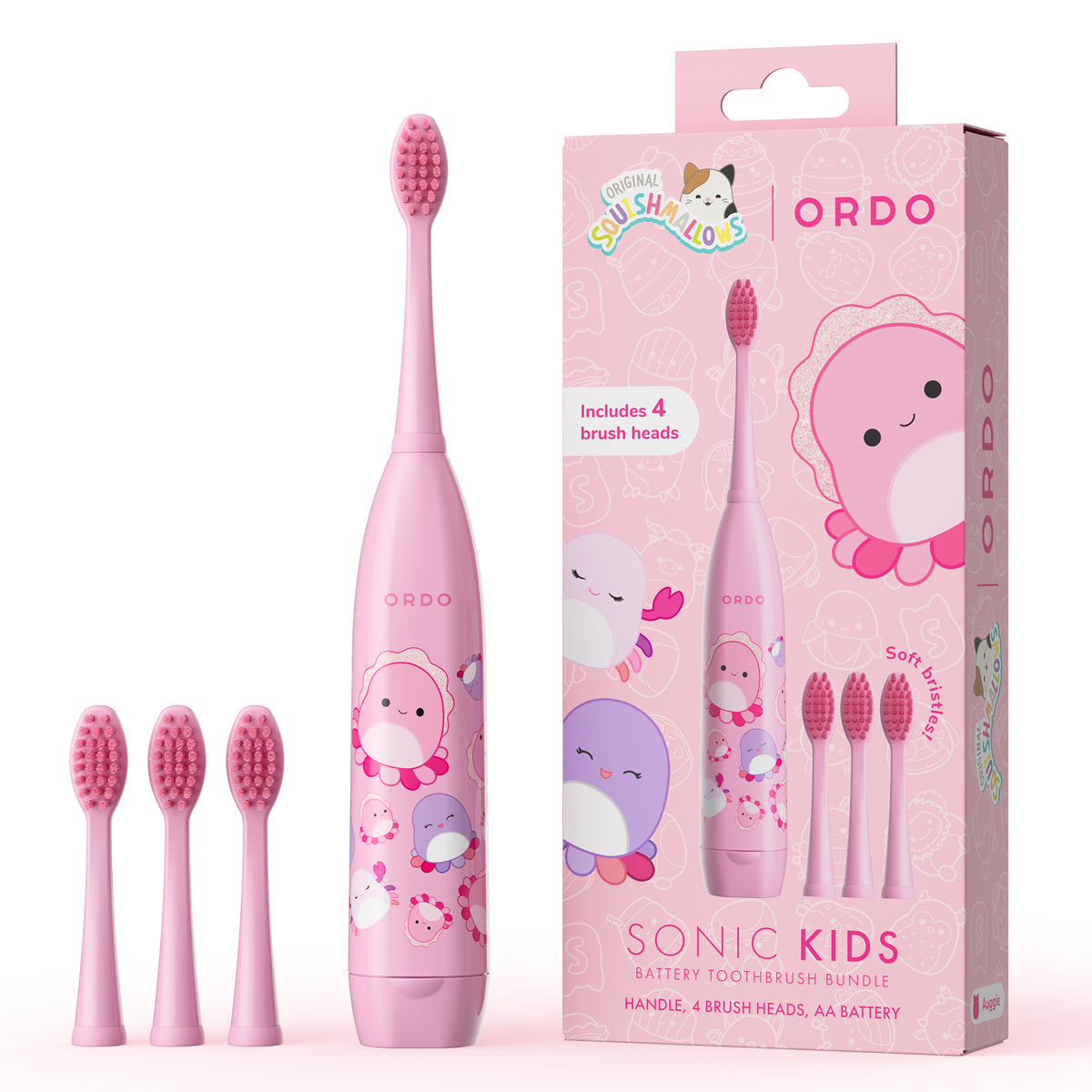 Ordo Sonic Kids Battery Toothbrush & 4 Brush Heads - Squishmallows Auggie