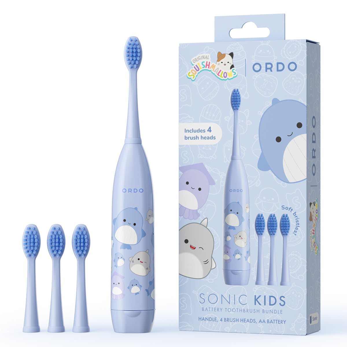 Ordo Sonic Kids Battery Toothbrush & 4 Brush Heads - Squishmallows Samir