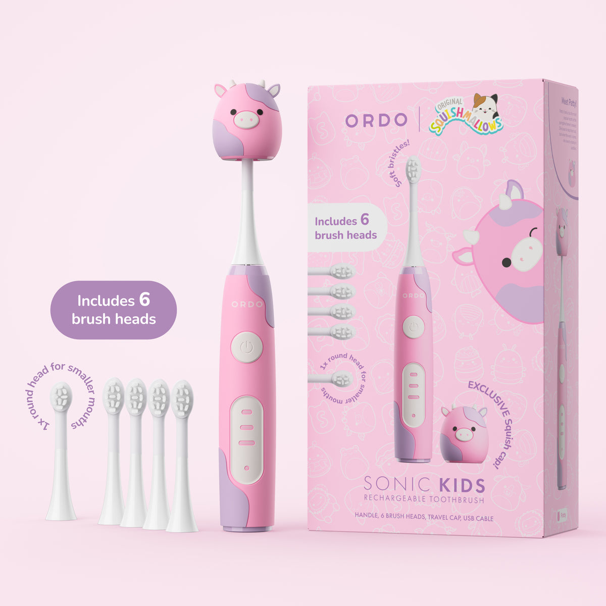 Ordo Sonic Kids Rechargeable Toothbrush & 4x Brush Heads - White - Squishmallows Patty
