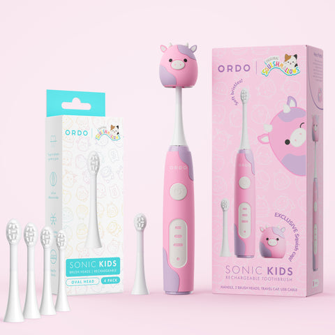 Ordo Sonic Kids Rechargeable Toothbrush & 4x Brush Heads - White - Squishmallows Patty