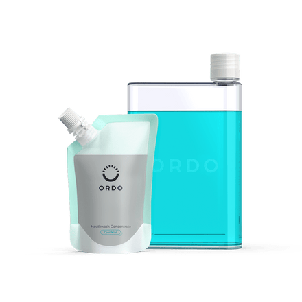 Ordo Mouthwash Concentrate and Reusable Mouthwash Bottle containing diluted Mouthwash Concentrate